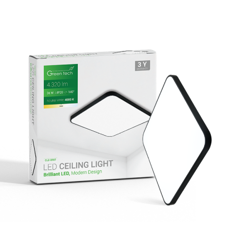 LED plafonjera Green Tech 36W – 4000K, IP20, 48×48 cm, crna + bijela