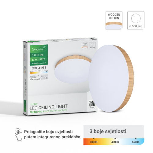 LED plafonjera Green Tech 50W – 3CCT, 50 cm, drveni okvir