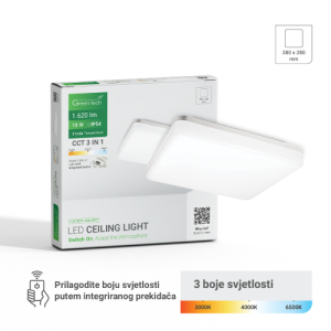 LED plafonjera Green Tech 18W 3CCT IP54 – 28×28 cm, bijela