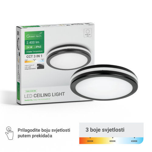LED plafonjera Green Tech 24W 3CCT IP65 – 30 cm, crna