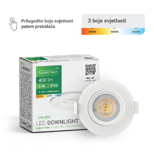 Zakretni LED Ugradni Downlight 5W 3CCT (Bijeli/Crni) – Green Tech