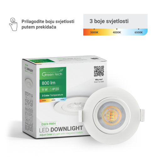 Zakretni LED Ugradni Downlight 9W 3CCT (Bijeli/Crni) – Green Tech