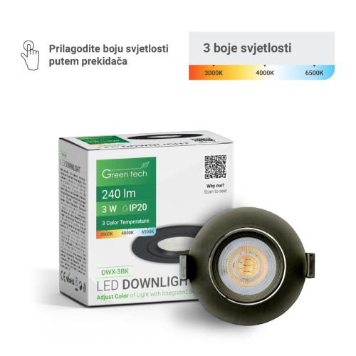Zakretni LED Ugradni Downlight 3W 3CCT (Bijeli/Crni) – Green Tech