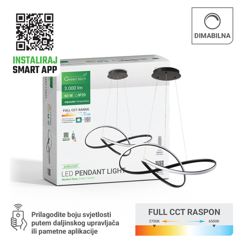Smart LED visilica Green Tech AURALOOP 60W, 3CCT, dimabilna, app + daljinski