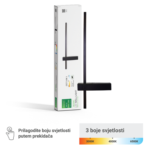LED zidna dekorativna svjetiljka Green Tech AXEL SLIM-2, 12W 3CCT, crna, 600mm