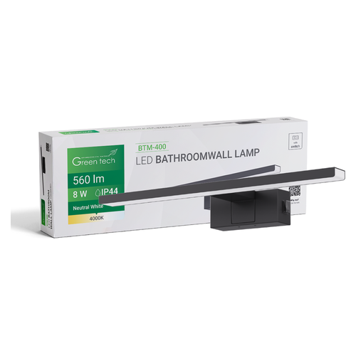LED kupaonska zidna lampa Green Tech BTM-400, 8 W, 560 lm, 4000 K, IP44, crna, 40 cm