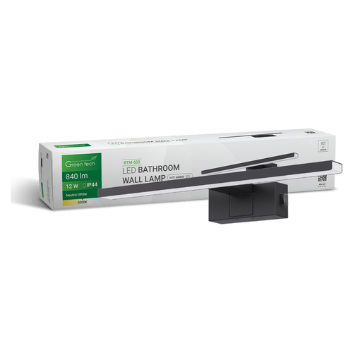 LED kupaonska zidna lampa Green Tech BTM-600, 12 W, 840 lm, 4000 K, IP44, crna, 60 cm