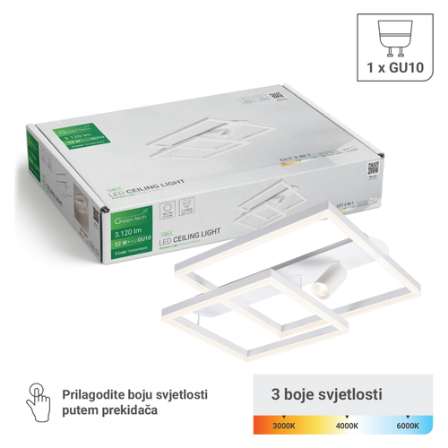 LED stropna svjetiljka Green Tech CUBO-3, 52W + 1x GU10, 3CCT, bijela, 690×520 mm