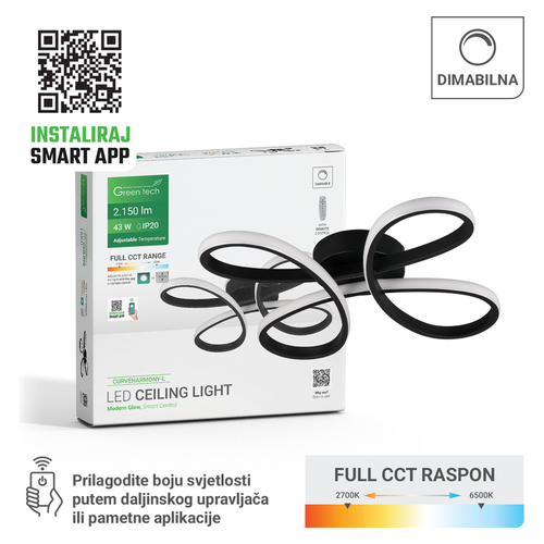 Smart LED stropna svjetiljka Green Tech CURVEHARMONY-L, 43W, 3CCT, dimabilna, app + daljinski