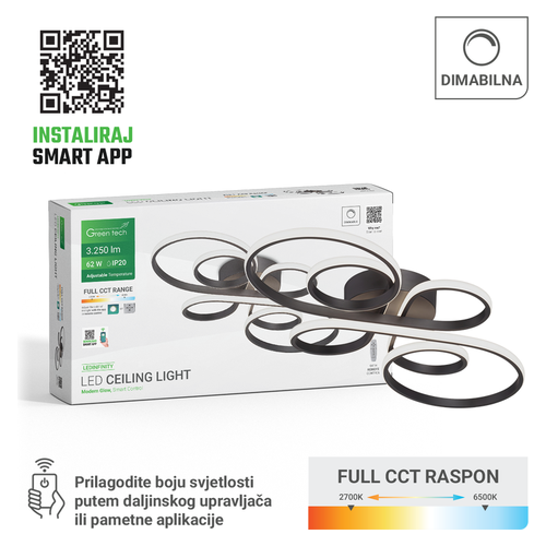 Smart LED stropna svjetiljka Green Tech LEDINFINITY, 62W, 3CCT, dimabilna, app + daljinski, crna
