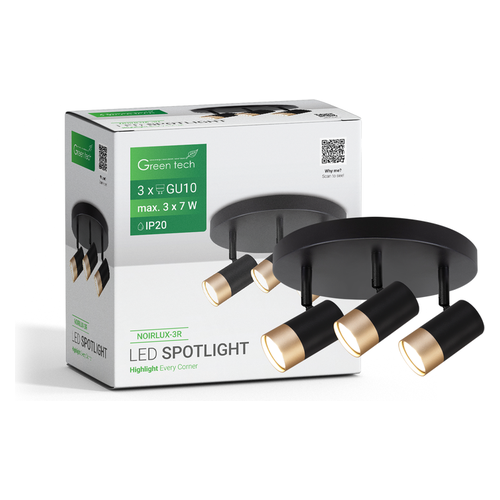 LED spot svjetiljka Green Tech NOIRLUX-3R, 3 x GU10, crno-zlatna, okrugla baza