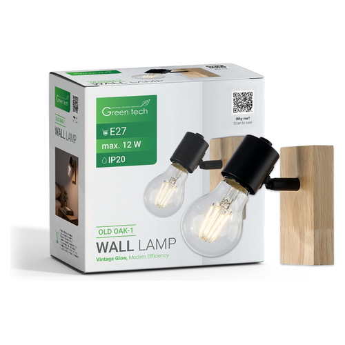 LED retro zidna svjetiljka Green Tech OLD OAK-1, E27, drvo i metal, crno-smeđa