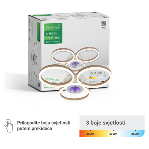 LED stropna svjetiljka Green Tech OPALGLOW-128W, 128W, 3CCT, metal + PC, 613×120 mm