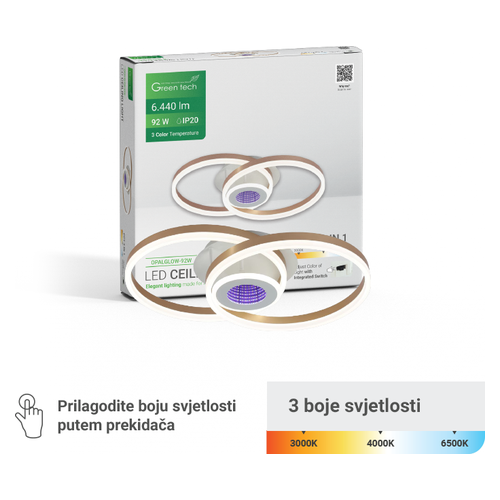 LED stropna svjetiljka Green Tech OPALGLOW-92W, 92W, 3CCT, metal + PC, 460×300 mm