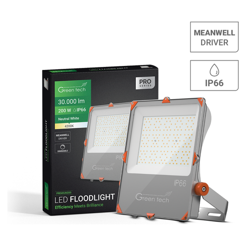 Premium LED reflektor Green Tech PREMIUM200, 200W, 30000 lm, 4200K, IP66, Meanwell