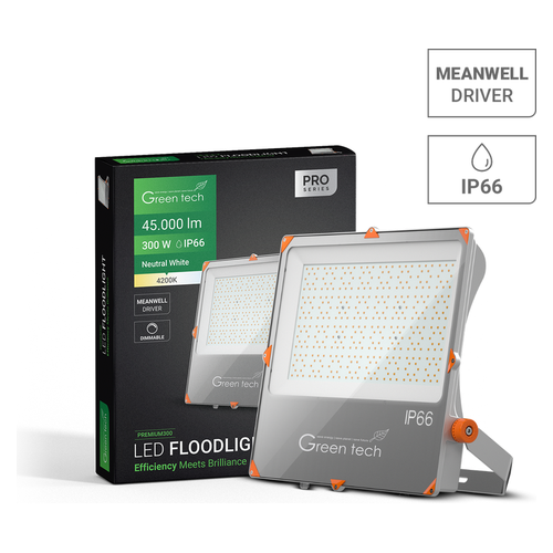 Premium LED reflektor Green Tech PREMIUM300, 300W, 45000 lm, 4200K, IP66, Meanwell