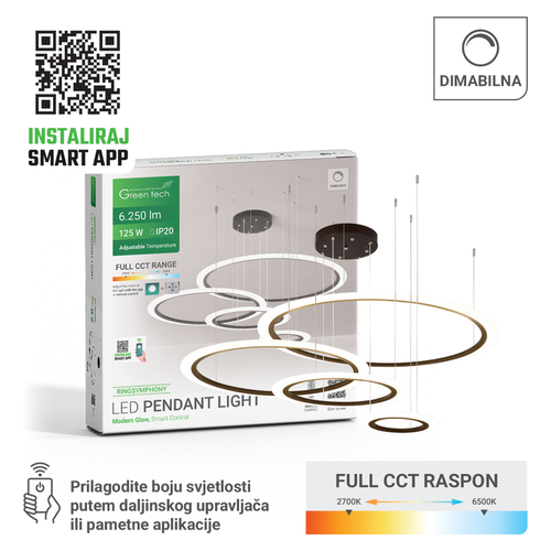 Smart LED visilica Green Tech RINGSYMPHONY 125W, 4 prstena, 3CCT, dimabilna