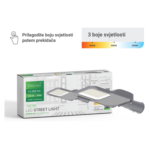 LED ulična svjetiljka Green Tech S10B-100W, 100 W, 13000 lm, 3CCT, Philips LED