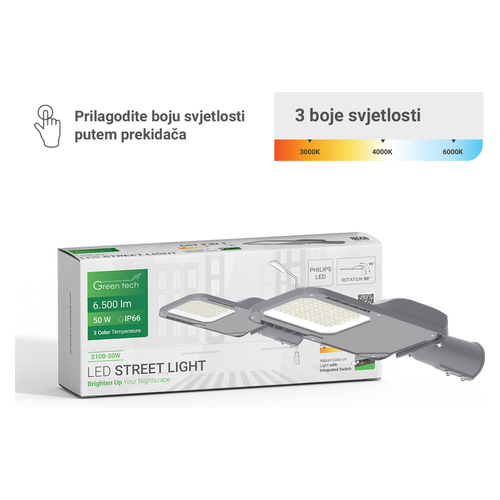 LED ulična svjetiljka Green Tech S10B-50W, 50 W, 6500 lm, 3CCT, Philips LED