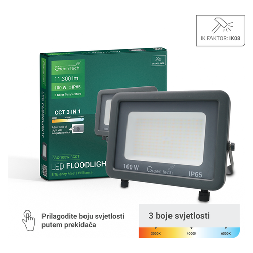 LED reflektor Green Tech S3X-100W-3CCT, 100W, 3CCT, IP65, aluminij