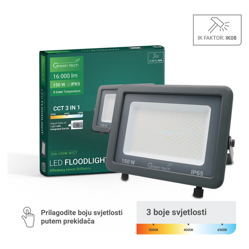 LED reflektor Green Tech S3X-150W-3CCT, 150W, 3CCT, IP65, aluminij