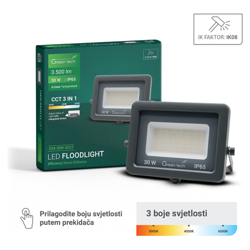 LED reflektor Green Tech S3X-30W-3CCT, 30W, 3CCT, IP65, aluminij