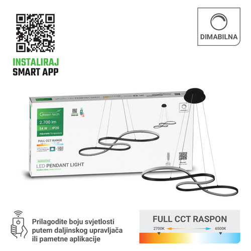 Smart LED visilica Green Tech SERPENTINA 54W, 3CCT, dimabilna, app + daljinski