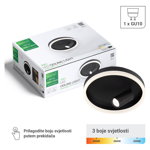 LED stropna svjetiljka Green Tech SFERA-1, 18W + 1x GU10, 3CCT, crna, Ø300 mm
