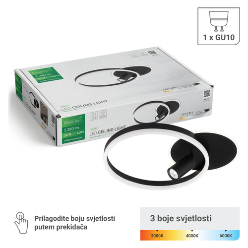 LED stropna svjetiljka Green Tech SFERA-3, 38W + 1x GU10, 3CCT, crna, kombinirana rasvjeta