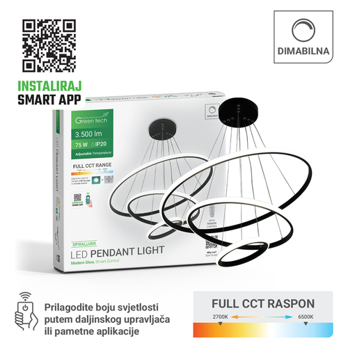 Smart LED visilica Green Tech SPIRALLUMI 75W, 3CCT, dimabilna, app + daljinski
