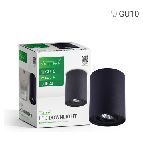 Nadgradna svjetiljka Green Tech TS116-BK, GU10, crna, Ø96 mm