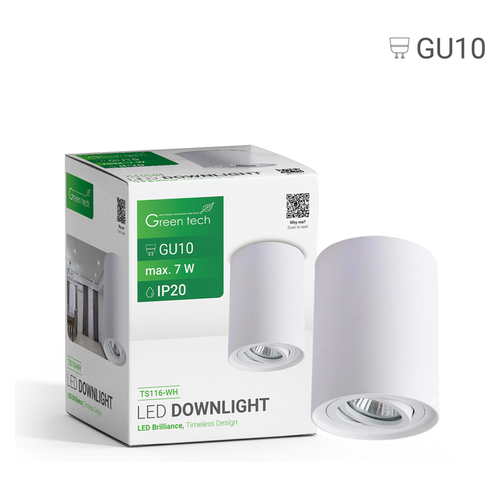 Nadgradna svjetiljka Green Tech TS116-WH, GU10, bijela, Ø96 mm