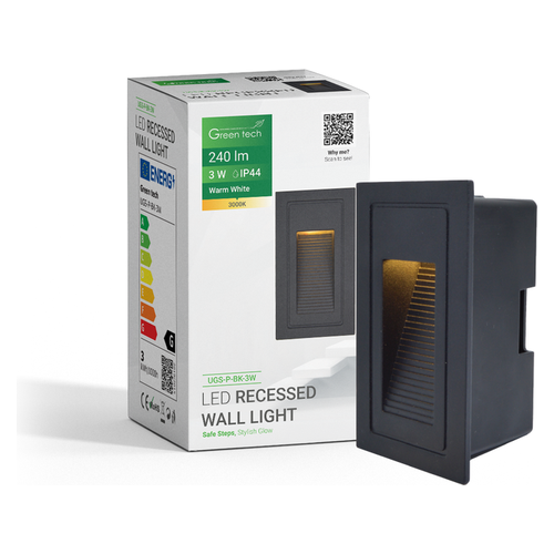 LED ugradna zidna svjetiljka Green Tech UGS-P-BK-3W, 3W/240lm, IP44, crna