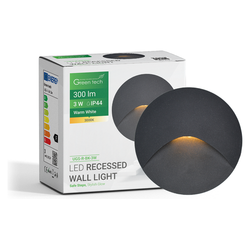 LED ugradna zidna svjetiljka Green Tech UGS-R-BK-3W, 3W/300lm, IP44, crna