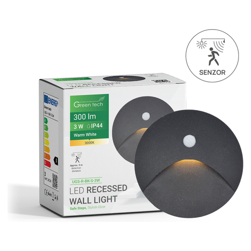LED ugradna zidna svjetiljka sa senzorom Green Tech UGS-R-BK-S-3W, 3W/300lm, IP44, crna