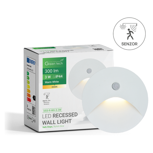 LED ugradna zidna svjetiljka sa senzorom Green Tech UGS-R-WH-S-3W, 3W/300lm, IP44, bijela
