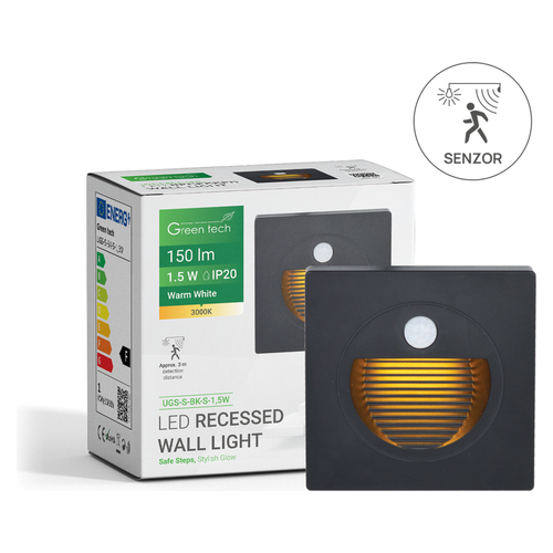 LED ugradna zidna svjetiljka sa senzorom Green Tech UGS-S-BK-S-1,5W, 1,5W/150lm, IP20, crna
