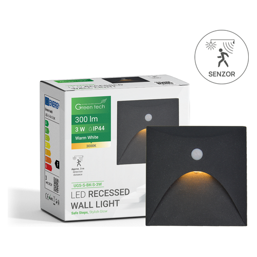 LED ugradna zidna svjetiljka sa senzorom Green Tech UGS-S-BK-S-3W, 3W/300lm, IP44, crna