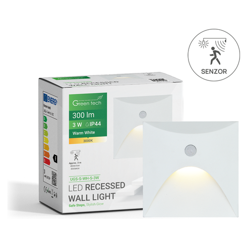 LED ugradna zidna svjetiljka sa senzorom Green Tech UGS-S-WH-S-3W, 3W/300lm, IP44, bijela
