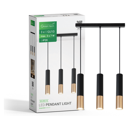 LED visilica Green Tech VELORA-3L, 3 x GU10, crno-zlatna