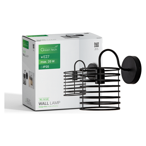 Zidna svjetiljka Green Tech WL-1616R, E27, željezna, crna, okvir 160×160 mm